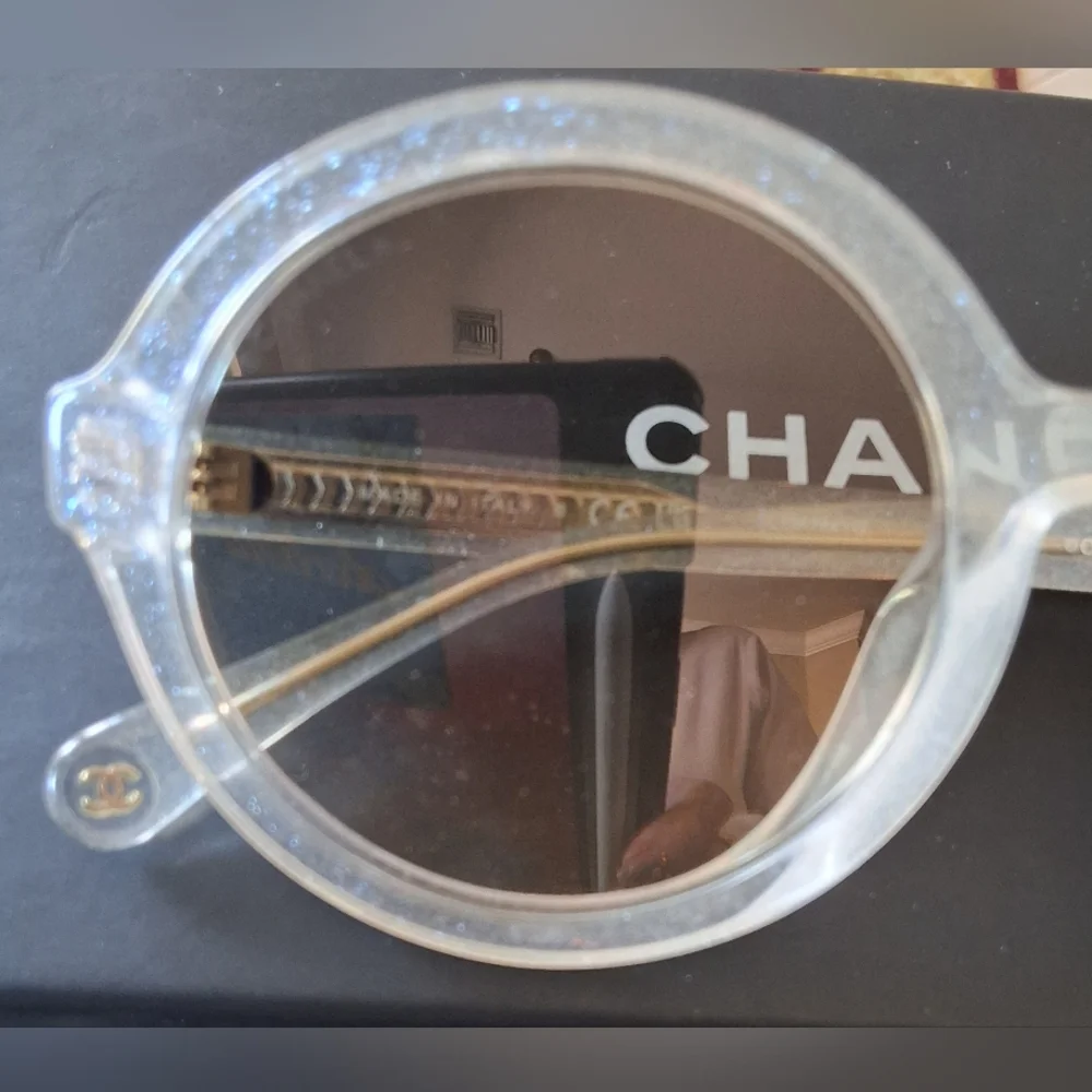 CHANEL Clear glitter shimmer Round Frame Sunglasses with Gray Lenses - Picture 5 of 11